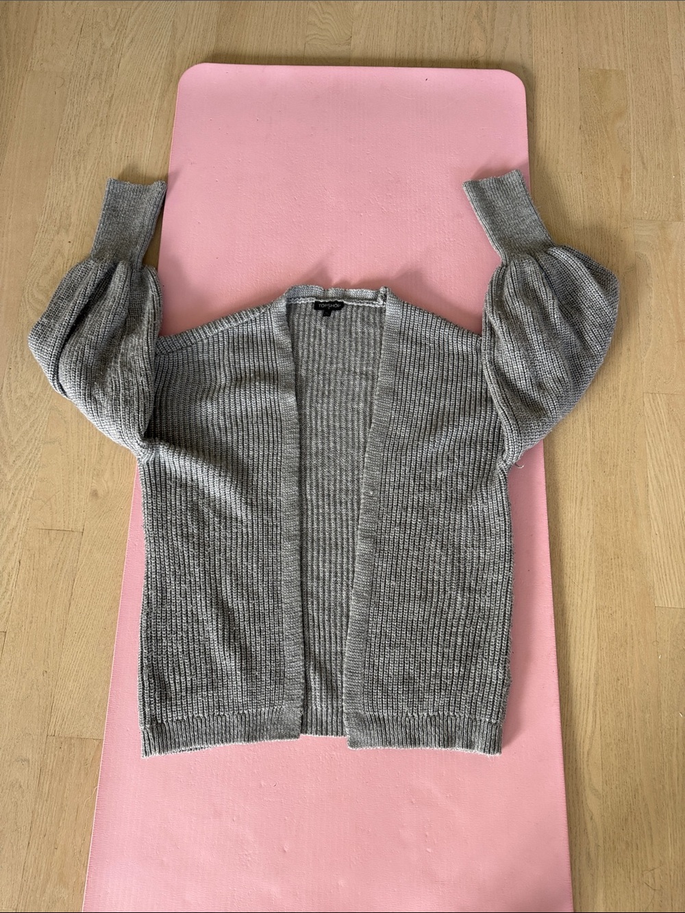 Topshop Gray Ribbed Puff Sleeve Open Cardigan